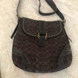 Coach Dark Brown Signature Crossbody Bag with Brass Accents